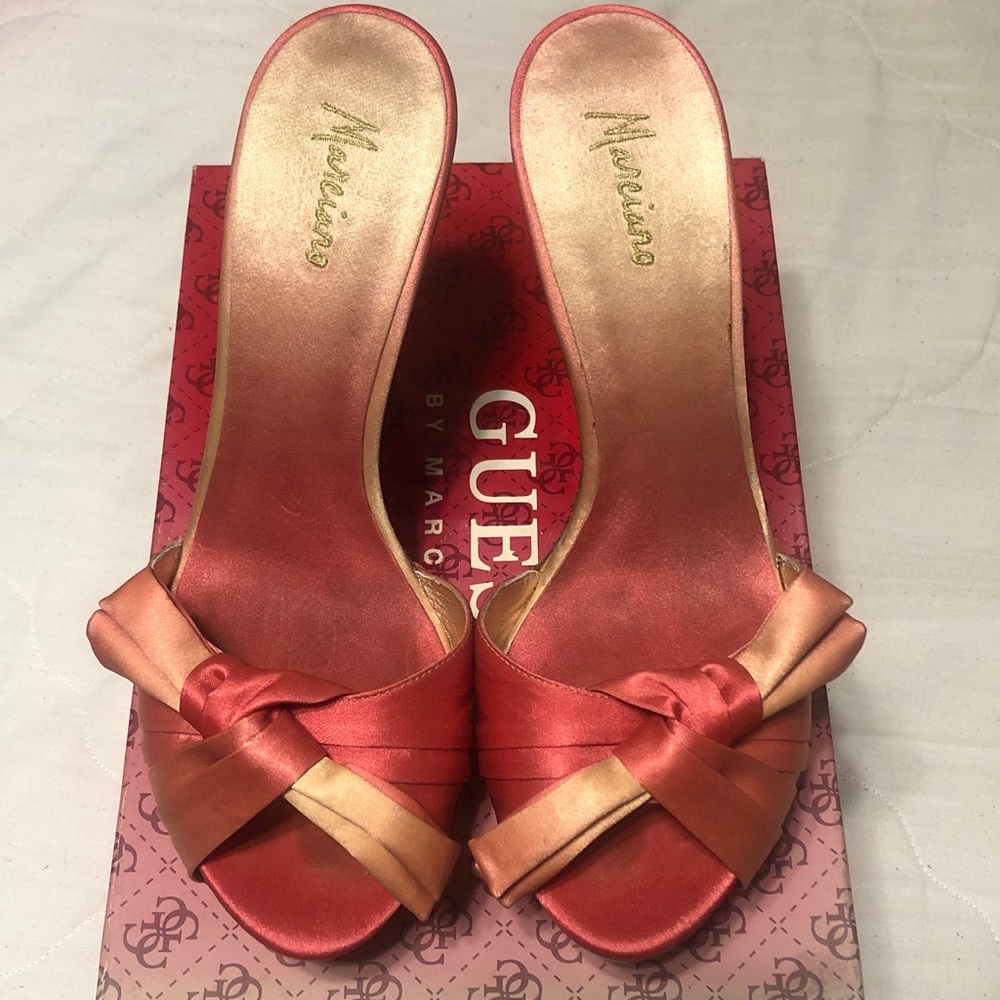 Guess Coral and Peach Satin Knot Slide Heels
